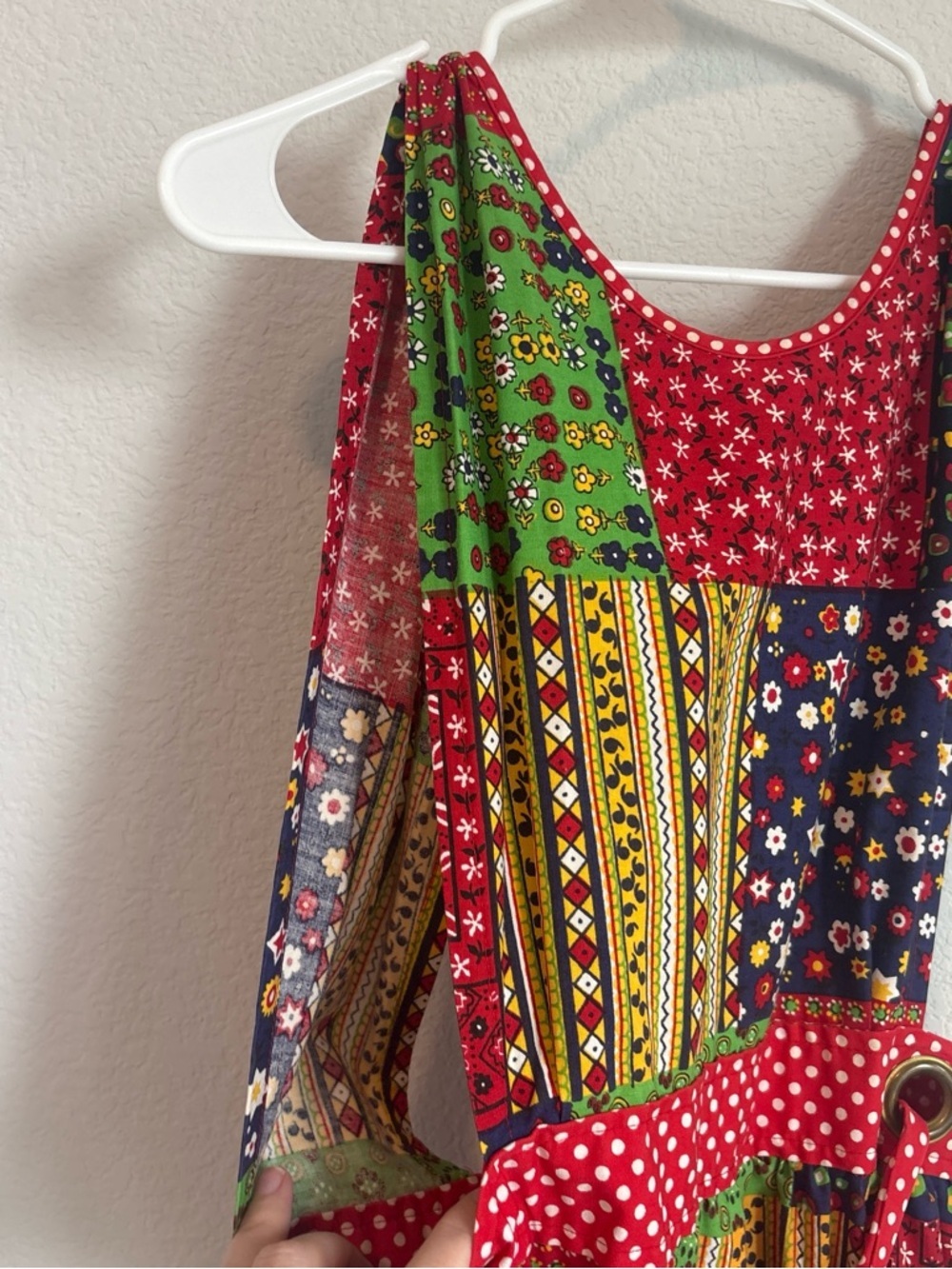 Patchwork Pinafore Apron Dress in Red, Green, Navy - Picture 8 of 8